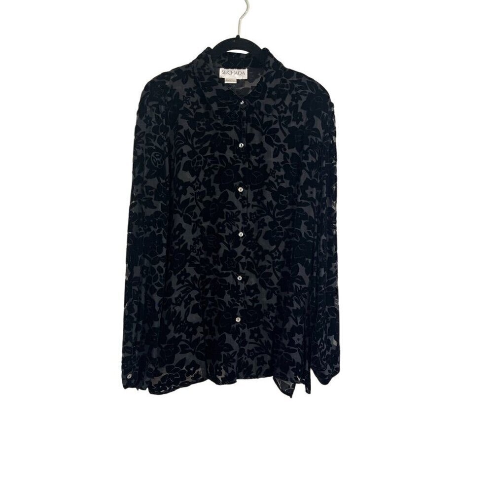 Suchada Burnout Floral Top M Black Preppy Western Boho Whimsigoth Classic 80s - Picture 1 of 11